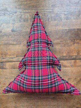 NWT Christmas Tree Throw Pillow Plaid Red Green Plush 18" Tall Festive Holiday